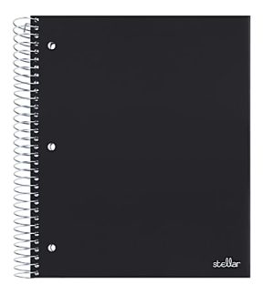Black spiral-bound notebook with a plain cover and the word "stellar" printed in white at the bottom right corner.