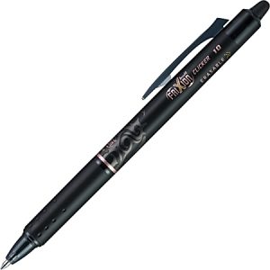 Black Pilot FriXion Clicker 0.7mm erasable pen with a retractable tip and comfortable grip, featuring a decorative design.