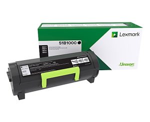 Lexmark 51B1000 toner cartridge with packaging, showcasing green and black design for compatible printers.
