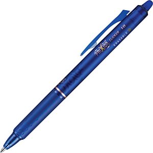 Blue erasable Pilot Frixion Clicker pen with retractable tip and clip, labeled "Erasable" and "0.7" on the barrel.