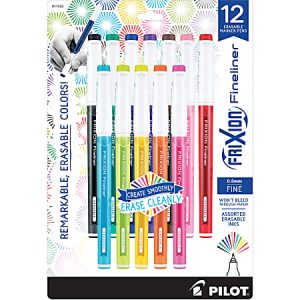 Pack of 12 Pilot FriXion Fineliner erasable marker pens in assorted colors, 0.6mm fine tip, shown in packaging.