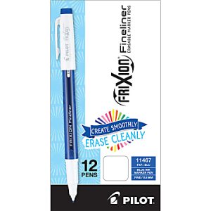 Pilot FriXion Fineliner box with 12 erasable blue ink pens, promoting smooth creation and clean erasing.