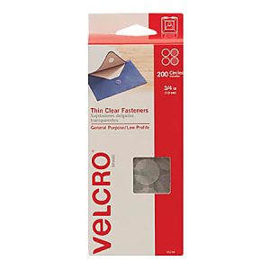 Box of Velcro brand thin clear fasteners, 200 circles, 3/4 inch size, for general purpose use.