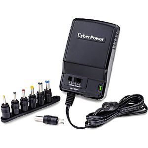 CyberPower universal AC adapter with multiple interchangeable tips and a coiled black power cord beside it.