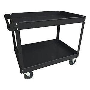Black two-tier utility cart with handle and four wheels, designed for transporting items in industrial or office settings.