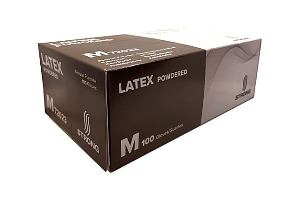 Box of powdered latex gloves, medium size, containing 100 gloves. Brand "Strong" displayed on the packaging.