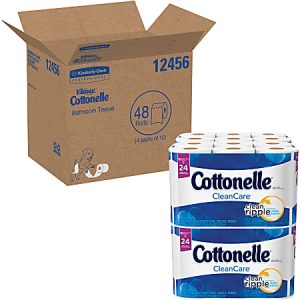 Cottonelle CleanCare toilet paper, 48 rolls, shown with packaging box labeled for bulk bathroom tissue supply.