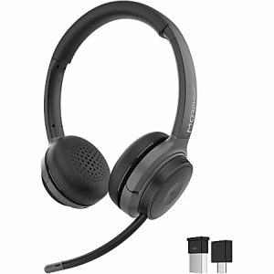 Black wireless headset with adjustable microphone and padded earcups, displayed with USB charging adapter and receiver.