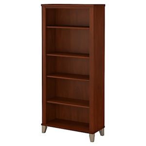 Wooden bookcase with five shelves and a rich brown finish, suitable for organizing books and displaying items.