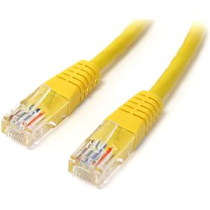 Yellow Ethernet cable with clear connectors showing colored wires, used for network connections.