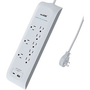 White surge protector with six outlets, USB ports, and an attached power cord.