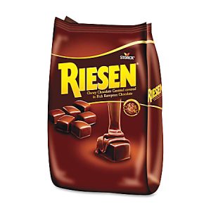 Riesen chocolate candy bag with chewy caramel pieces covered in European chocolate, labeled 45% cacao.