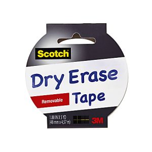 Scotch removable dry erase tape, 1.88 inches by 5 yards, packaged with red and black branding, 3M logo.