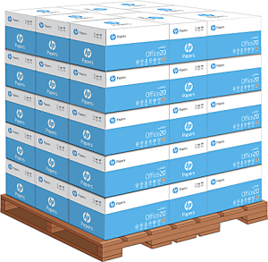 Stacked pallets of HP Office20 paper boxes arranged neatly for delivery or storage.