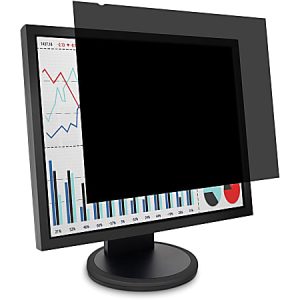 Computer monitor with a privacy screen partially covering graphs and charts on display.