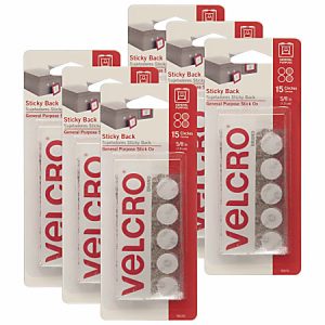 Five packs of Velcro sticky back circles, each containing 15 white circles for general-purpose use.