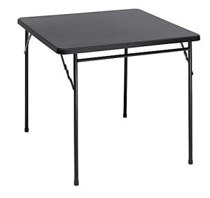 Black square folding table with metal legs, ideal for indoor and outdoor use.
