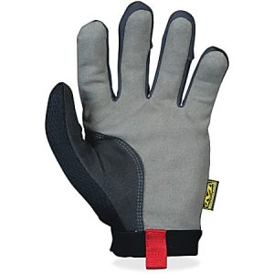 Gray work glove with black palm and red wrist strap, designed for durability and comfort in industrial settings.