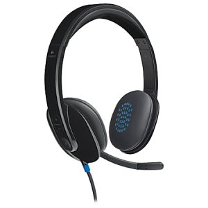 Black over-ear USB headset with a flexible boom microphone and blue accents on the ear pads.