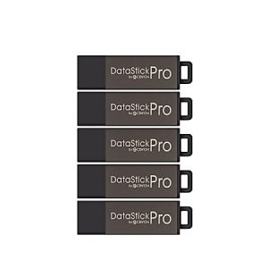 Five black DataStick Pro USB flash drives stacked horizontally.