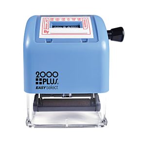 Blue 2000 Plus Easy Select date stamp with a knob and "Received By" imprint, used for marking documents.