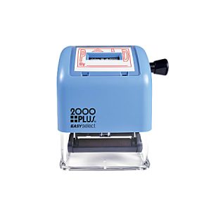 Blue 2000 Plus EasySelect self-inking stamp with "PAID" in red text, featuring a clear base and black knob handle.