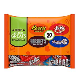 Orange bag of assorted chocolate candies: Reese's, Kit Kat, Hershey's, Almond Joy. Label says 30 pieces, snack size.