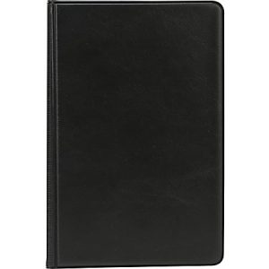 Black leather-bound notebook with a simple, minimalist design.