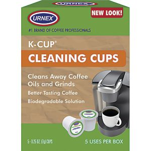 Urnex K-Cup Cleaning Cups box with a coffee machine and cup graphic; cleans coffee oils, biodegradable, five uses per box.