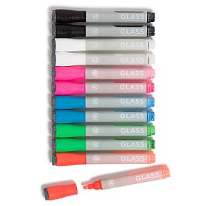 A set of ten glass markers in various colors, including black, white, red, pink, blue, green, and orange, with one cap removed.