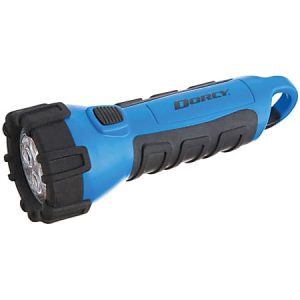 Blue and black LED flashlight with rubber grip and a hanging hook at the end.
