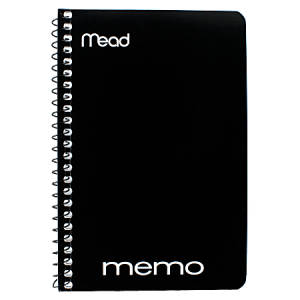 Black spiral-bound Mead notebook with "memo" on the cover, featuring lined pages for note-taking.