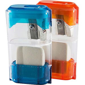 Two dual sharpeners with erasers, one blue and one orange, featuring a transparent body for visibility of contents.