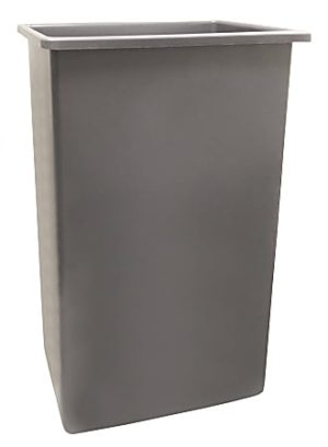 Tall, rectangular gray trash bin with an open top, designed for indoor use.