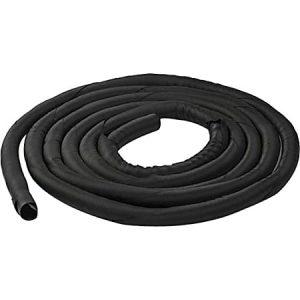 Coiled black foam pipe insulation on a white background.