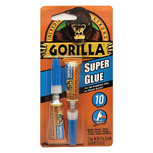 Gorilla Super Glue package with two tubes, "Incredibly Strong" text, and impact-tough feature highlighted.
