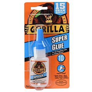 Gorilla Super Glue, 15g bottle, orange packaging. Fast 10-second bonding, ideal for wood, metal, ceramics, and more.