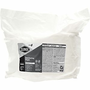 Clorox disinfecting wipes in a white, resealable soft pack with product details and usage instructions printed on the front.