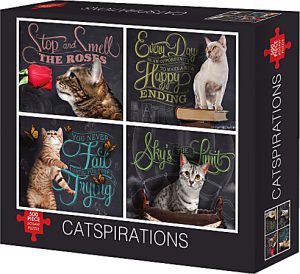 Puzzle box with four cat images and inspirational quotes, labeled "CATSPIRATIONS," 500 pieces.