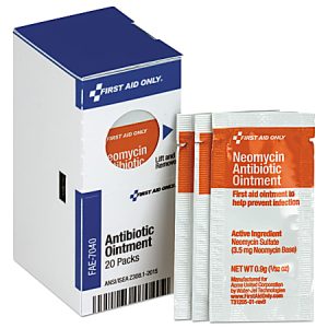 Box and sachets of Neomycin Antibiotic Ointment, 20 packs, for preventing infection, First Aid Only brand.