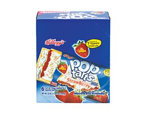 Box of Kellogg's Pop-Tarts, strawberry flavor, showing a pastry with icing and sprinkles. Includes vitamin information.