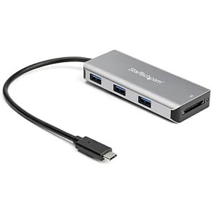 USB-C hub with three USB ports and an SD card reader, featuring a StarTech.com logo on a silver case and attached cable.