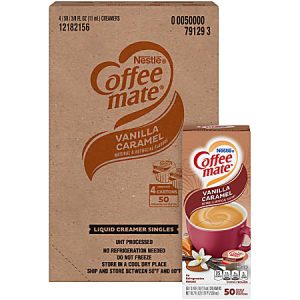 Nestlé Coffee Mate Vanilla Caramel Liquid Creamer Singles packaging, featuring a large brown box and a smaller carton.