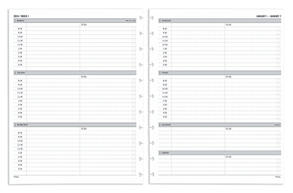 Weekly planner pages for January 1-7, with hourly columns for each day and space for notes and tasks.