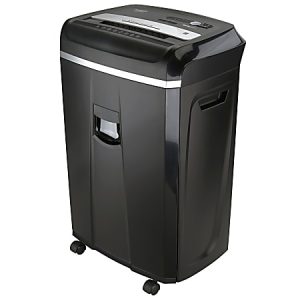 Black, wheeled paper shredder with control buttons on top, featuring a front handle and sleek design.