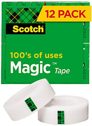 Scotch Magic Tape 12-pack, marketed for "100's of uses," featuring two rolls with green plaid logo.