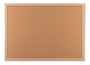 Rectangular cork bulletin board with a wooden frame, empty and ready for use.