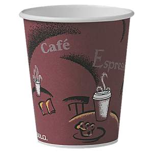 Maroon paper coffee cup with "Café" and "Espresso" text, featuring coffee and muffin graphics.