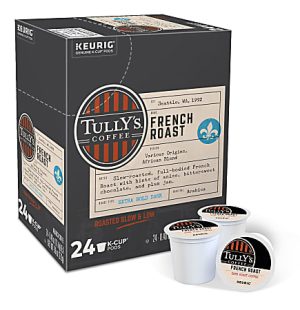 Tully's Coffee French Roast 24-pack K-Cup box with rich, bold flavor notes of anise, bittersweet chocolate, and plum.