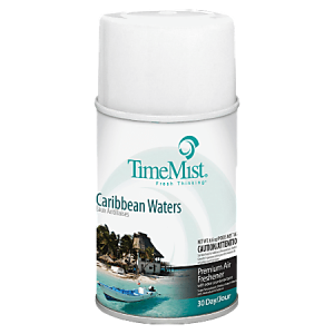 TimeMist Caribbean Waters air freshener canister with a beach scene on the label, labeled as premium for 30 days.
